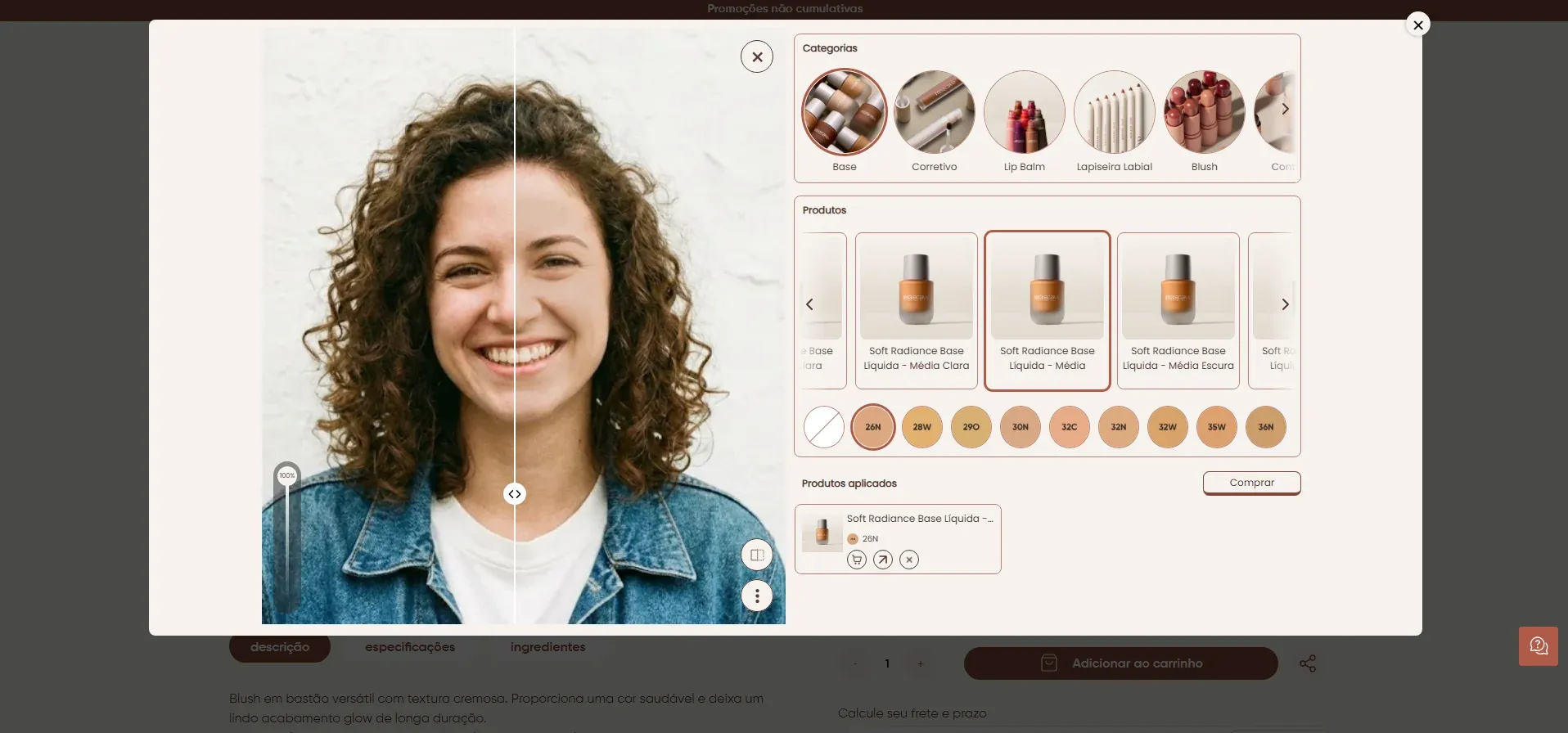 mK Beauty (provador virtual de beleza): widget de provador virtual com blush em bastão, seleção de produto e tonalidade sobre selfie