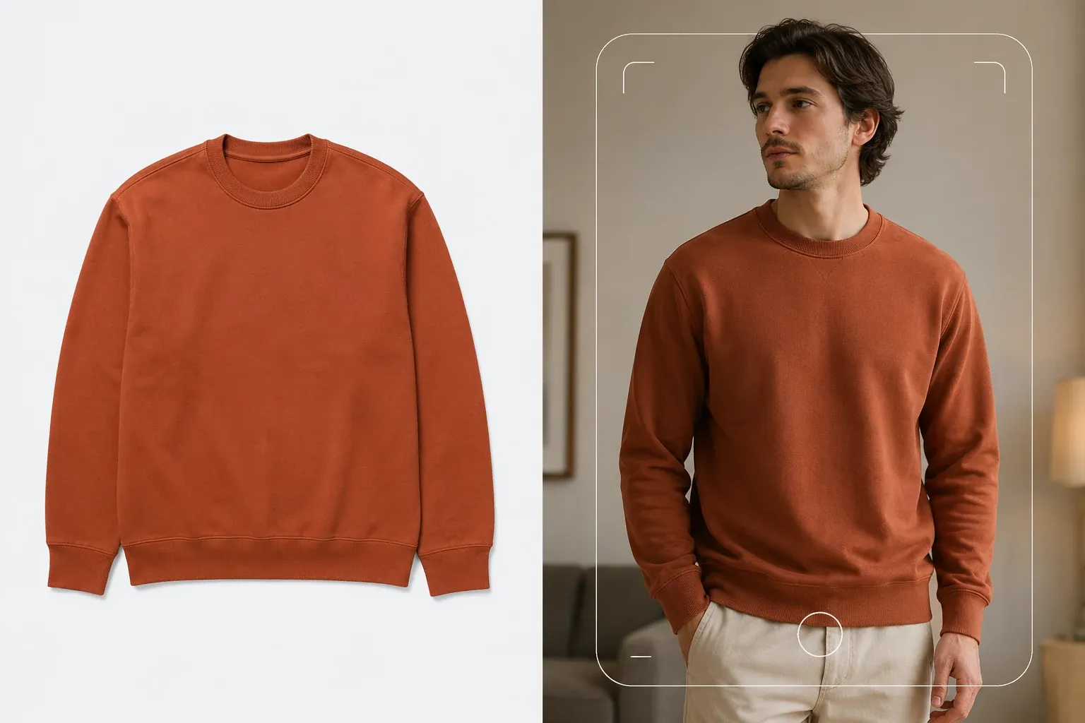 Antes e depois: moletom terracota em foto still de catálogo e o mesmo moletom vestido por um modelo