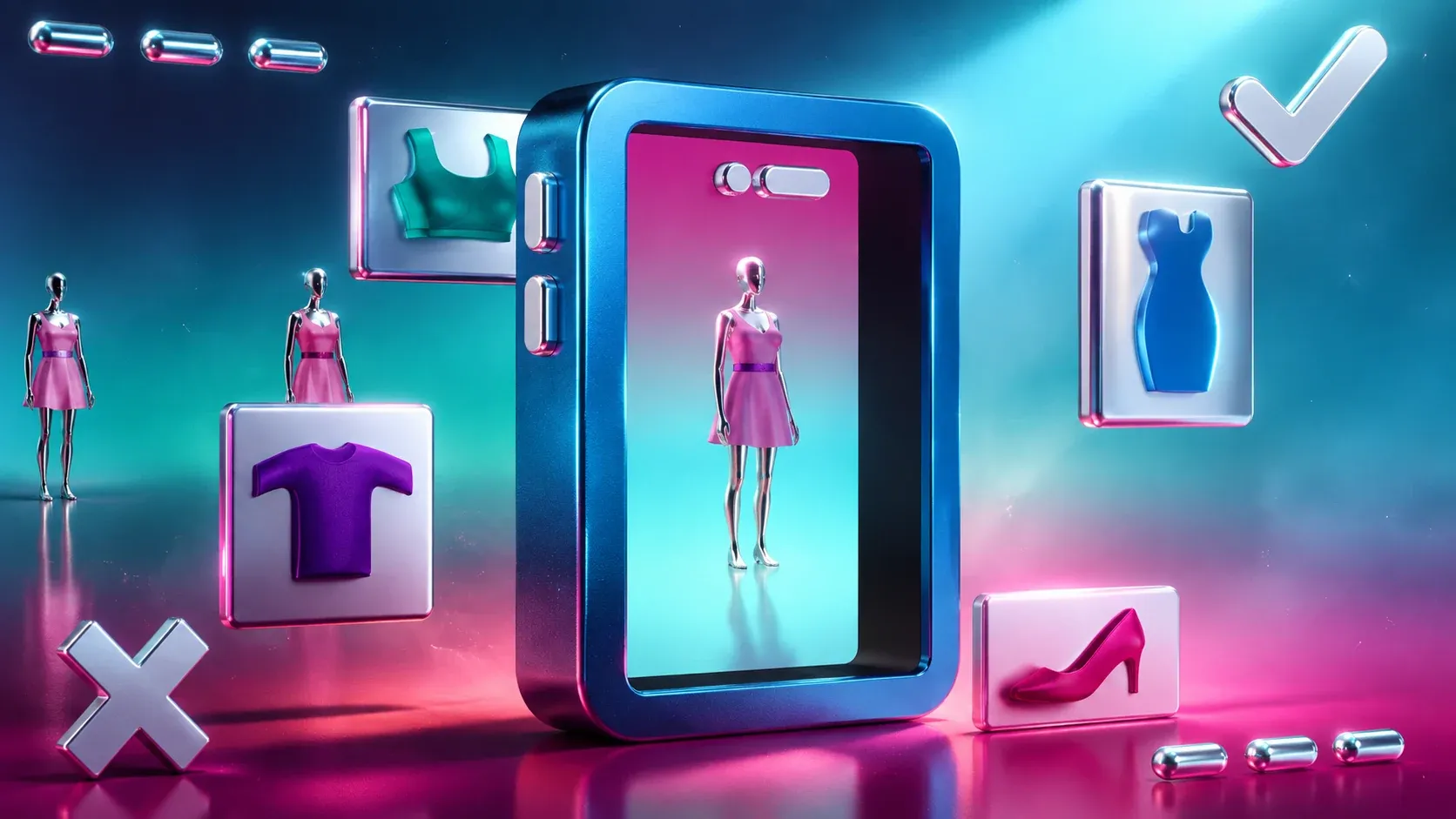 Ilustração 3D em neon com manequins e cards de roupas ao redor de um celular, conceito de provador virtual