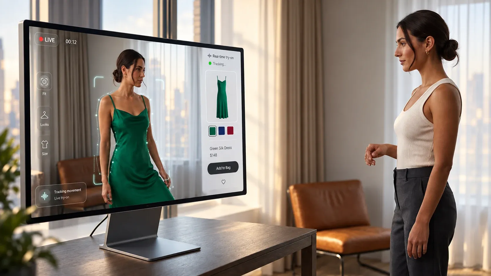 Live try-on em monitor: cliente na sala vê a si mesma vestindo um vestido verde em tempo real