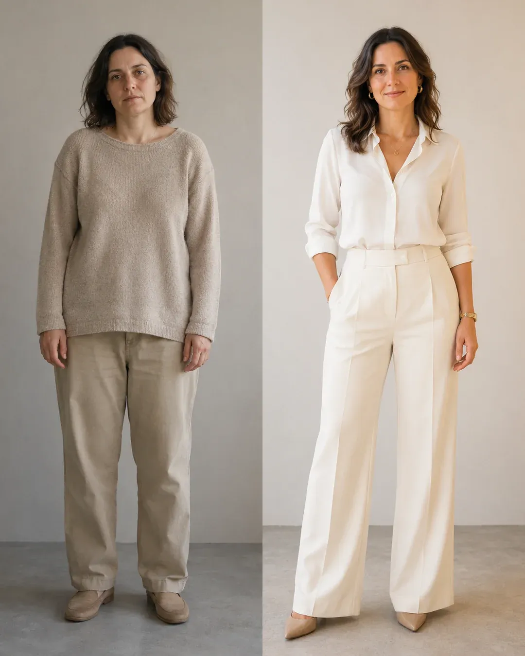 Provador virtual (mK Fashion): comparação antes e depois do look de uma mulher, de roupa casual pra elegante