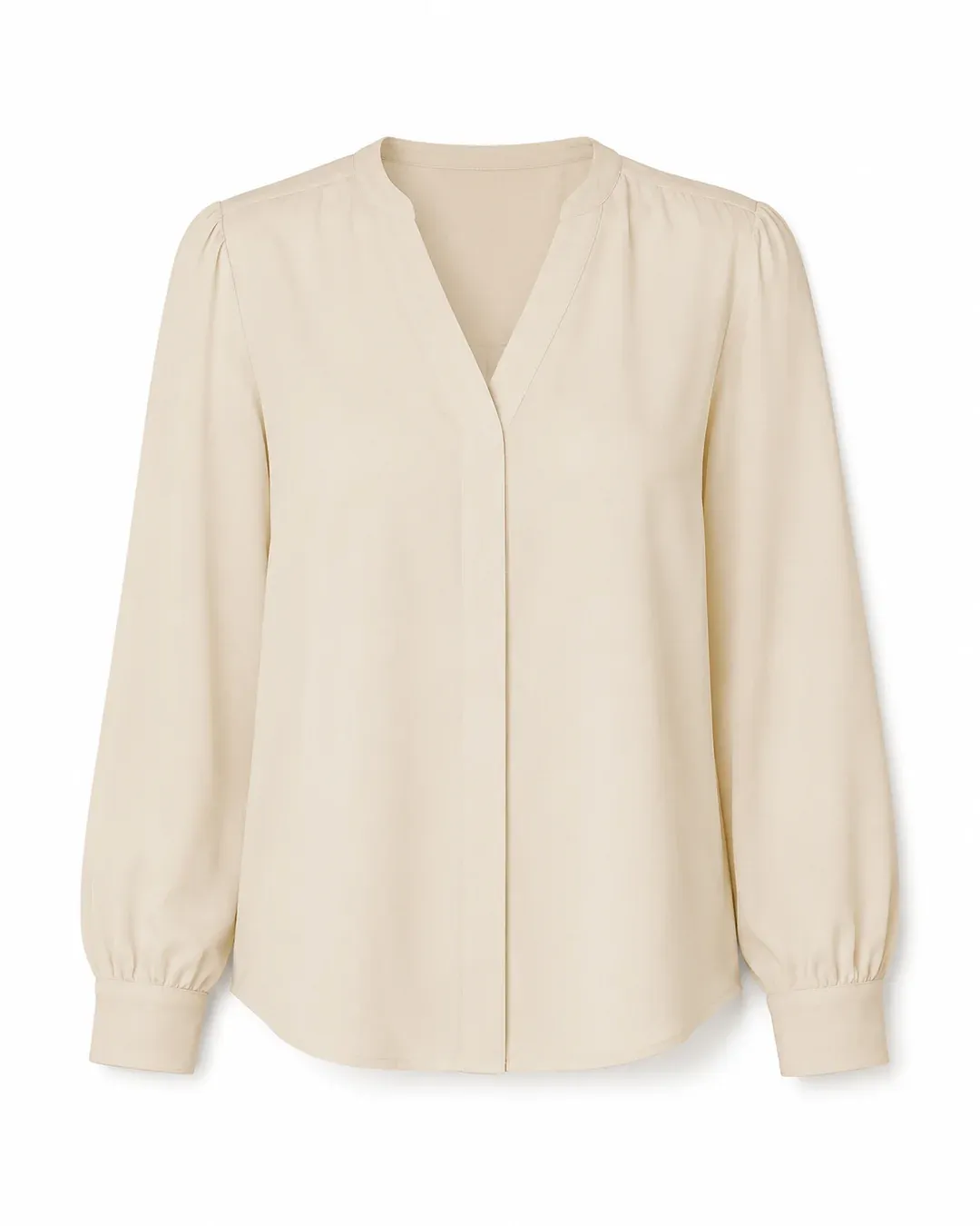 Provador virtual (mK Fashion): still de catálogo de moda, blusa bege em still de produto sobre fundo branco