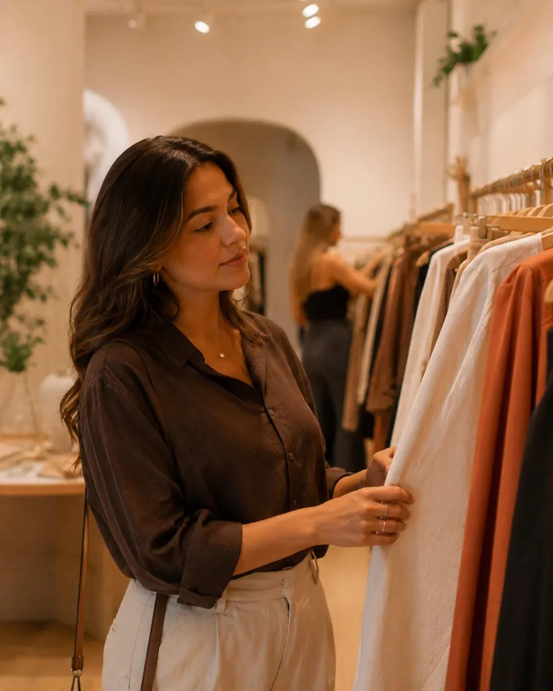 Provador virtual (mK Fashion): cliente observando roupas em araras de loja, momento de dúvida antes da compra