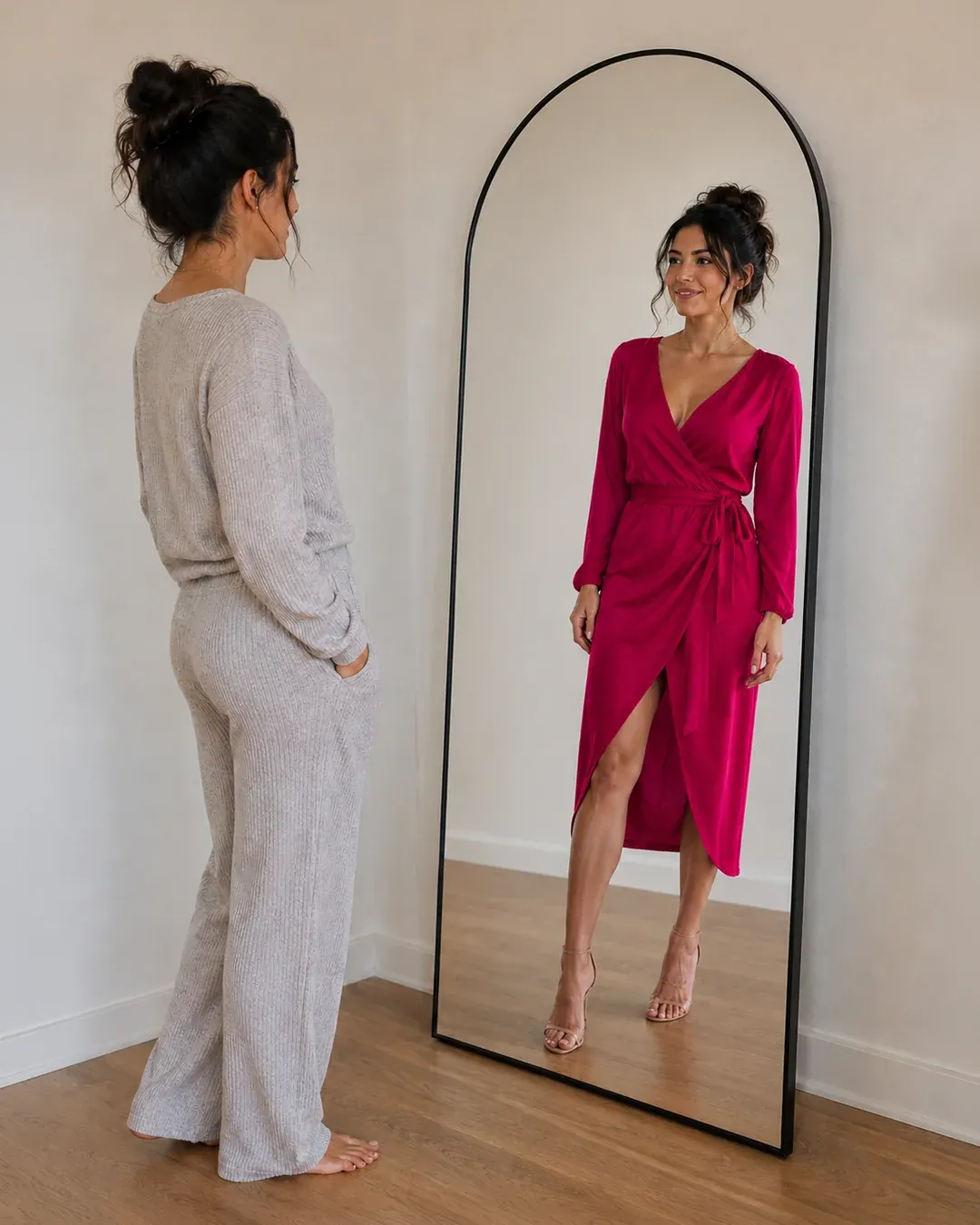 Provador virtual (mK Fashion): mulher em frente a espelho com reflexo mostrando gêmeo digital vestindo um look diferente