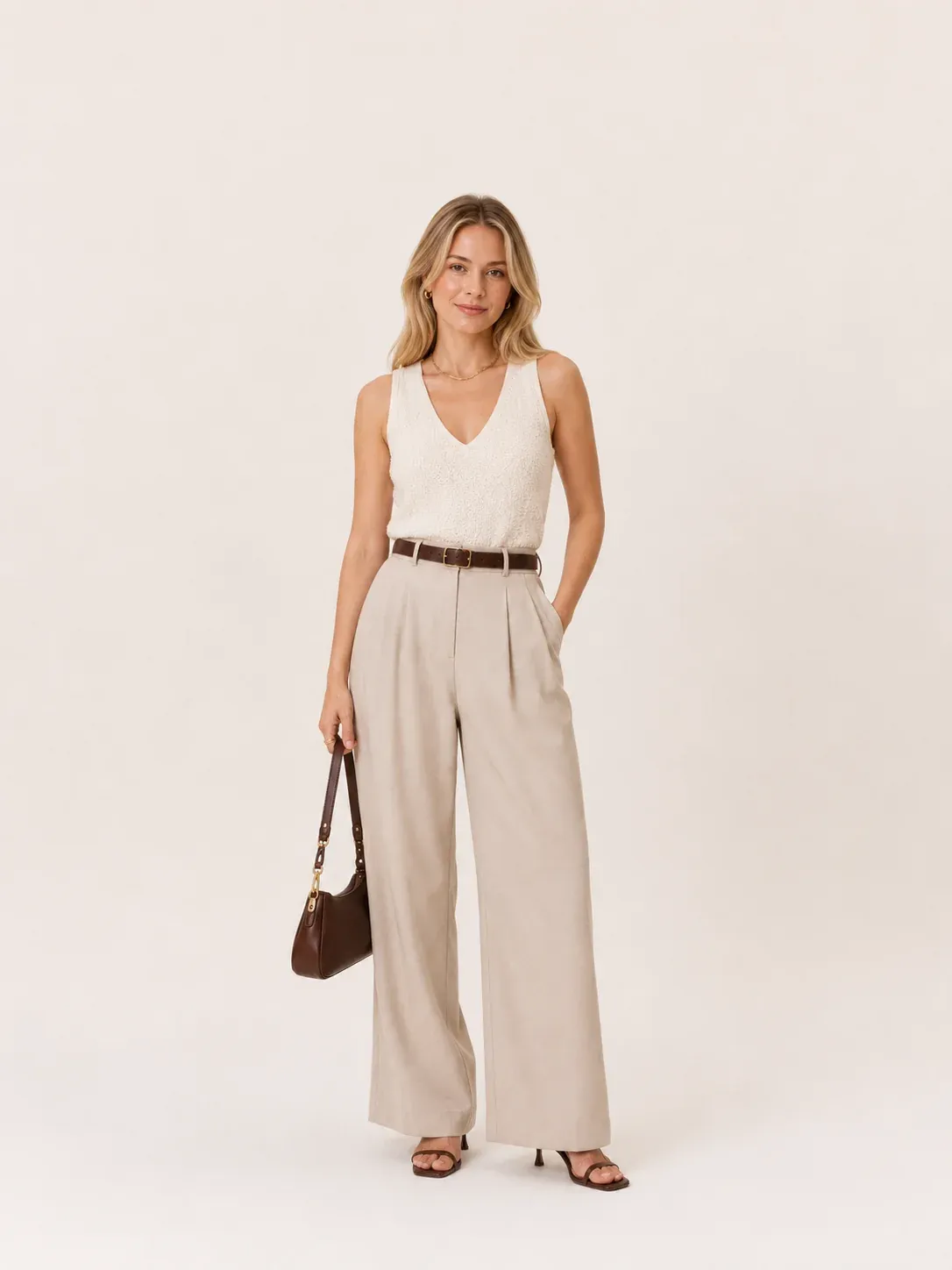 Provador virtual (mK Fashion): mulher loira vestindo look combinado em tons neutros com bolsa, still de moda