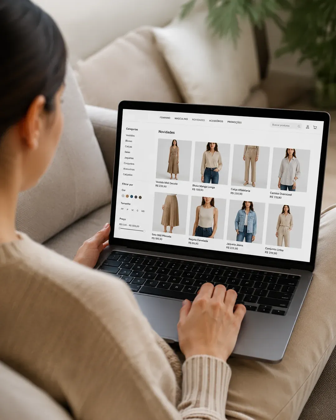 Provador virtual (mK Fashion): mulher navegando em site de moda no laptop, com grade de produtos 'Novidades'