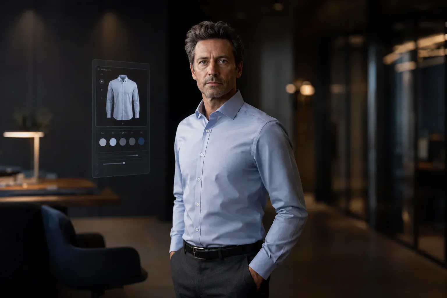 Provador virtual (mK Fashion): homem de camisa azul com painel de configuração de cor da peça flutuando ao lado