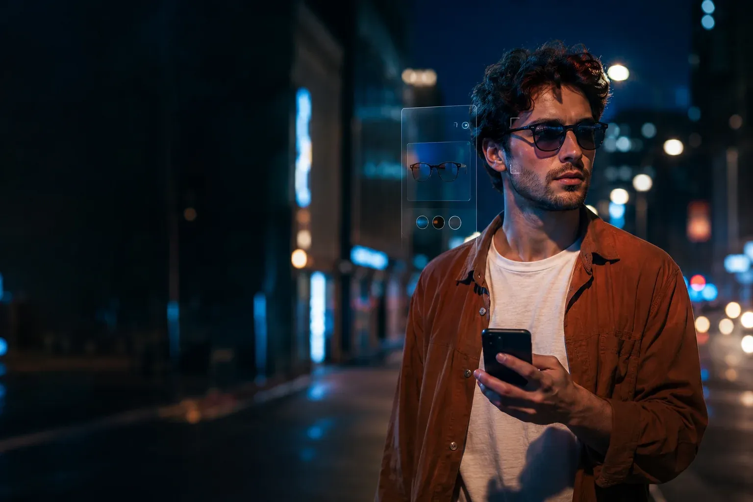 Provador virtual (mK Fashion): jovem experimentando óculos escuros via realidade aumentada no celular, à noite na rua