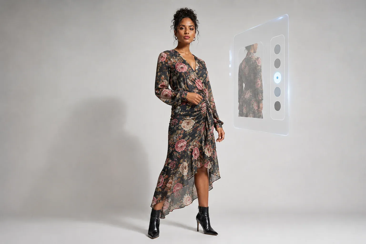Provador virtual (mK Fashion): mulher com vestido floral e painel holográfico de configuração ao lado