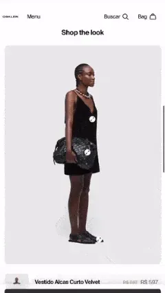 Provador virtual (mK Fashion): página Shop the Look da Osklen, modelo vestindo vestido preto com bolsa, preço exibido