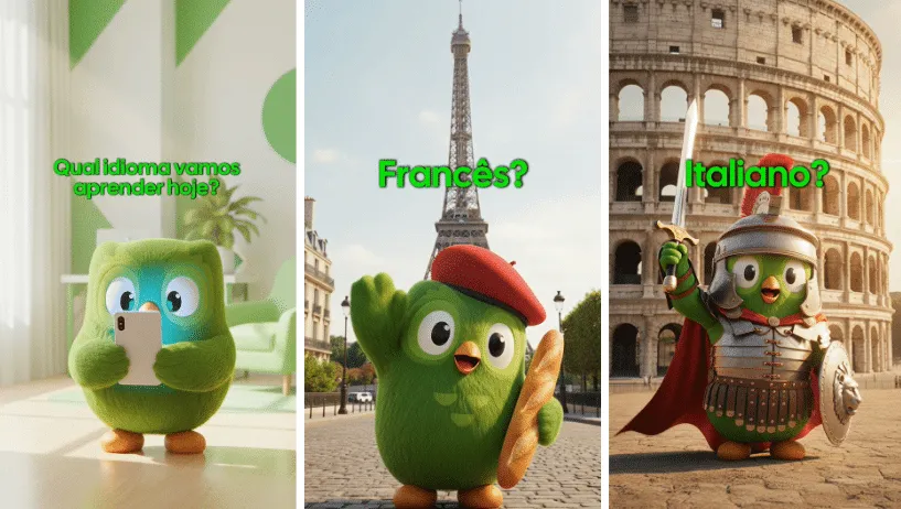 Vídeo viral/IA: mascote coruja do Duolingo aparecendo em pontos turísticos como Torre Eiffel e Coliseu, anunciando novo idioma