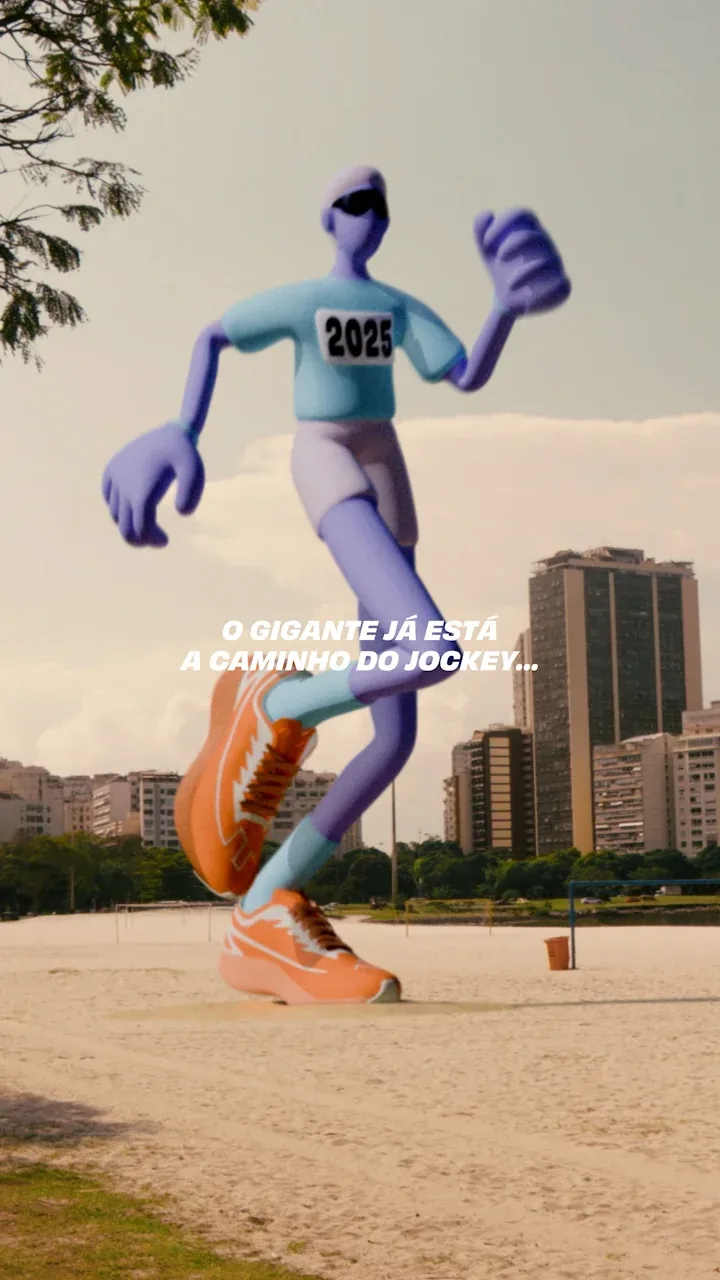 Vídeo viral/IA: gigante cartunesco correndo em praia carioca, teaser 'O gigante já está a caminho do Jockey', campanha Prio