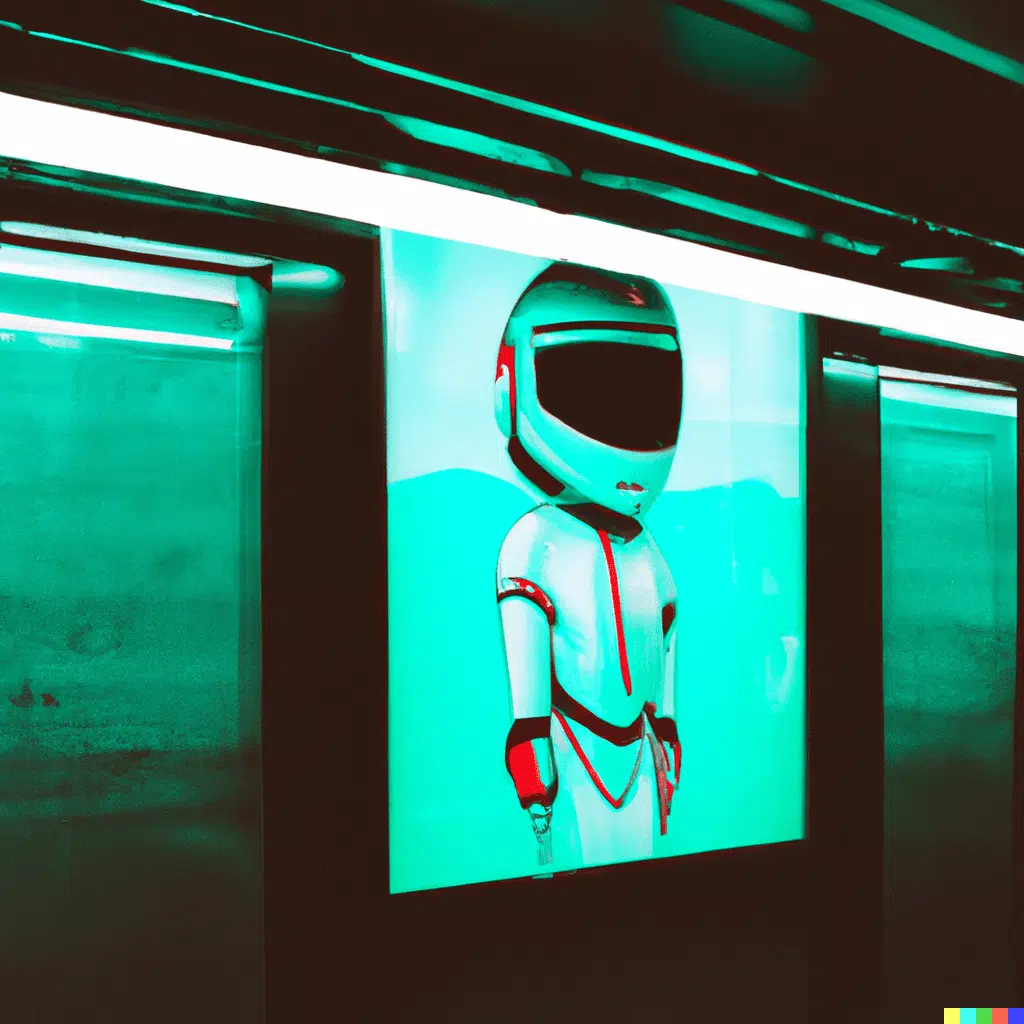 Astronauta em pôster neon em uma estação de metrô