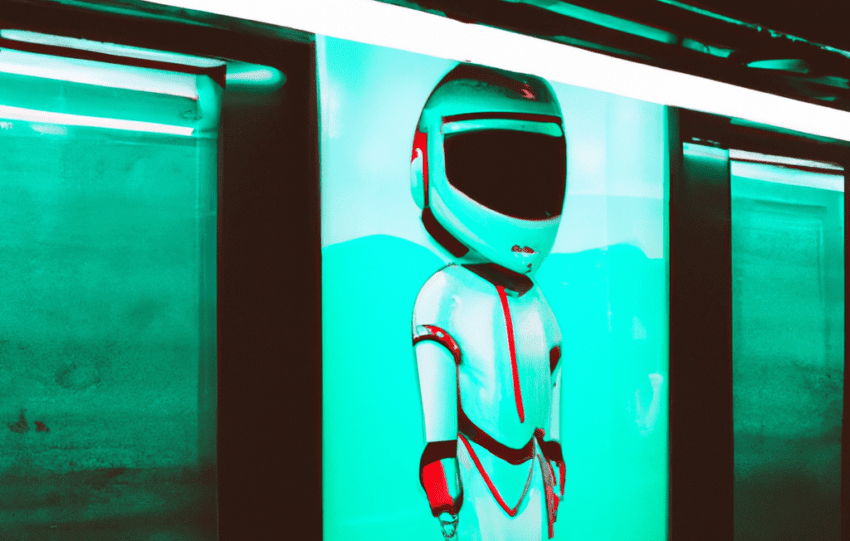 Astronauta em pôster neon em uma estação de metrô