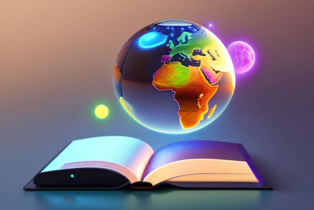 um livro e um mundo representando a educação que se pode obter com o chatgpt