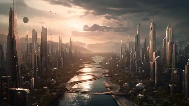 Uma cidade futurística onde a presença da Inteligência Artificial é notória