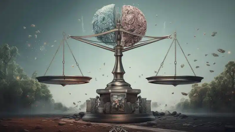Uma balança pesando os pros e contras da Inteligência Artificial