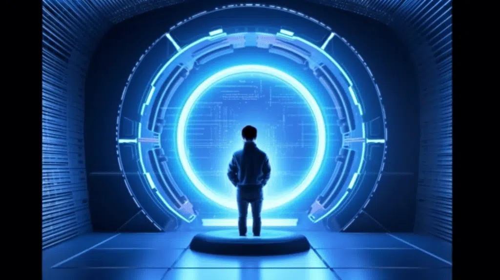 homem prestes a cruzar o portal do metaverso