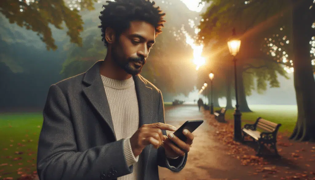 homem usando smartphone no park uma experiência phygital