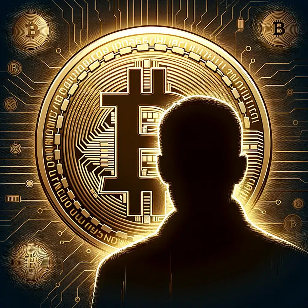 **Breve história do Blockchain**: Uma ilustração representando o Bitcoin e a figura misteriosa de Satoshi Nakamoto.