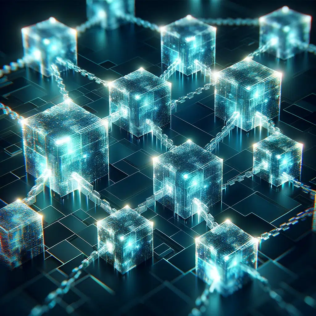 3. **O que é Blockchain e para que serve?**: Uma imagem abstrata de blocos conectados, representando a estrutura do Blockchain.