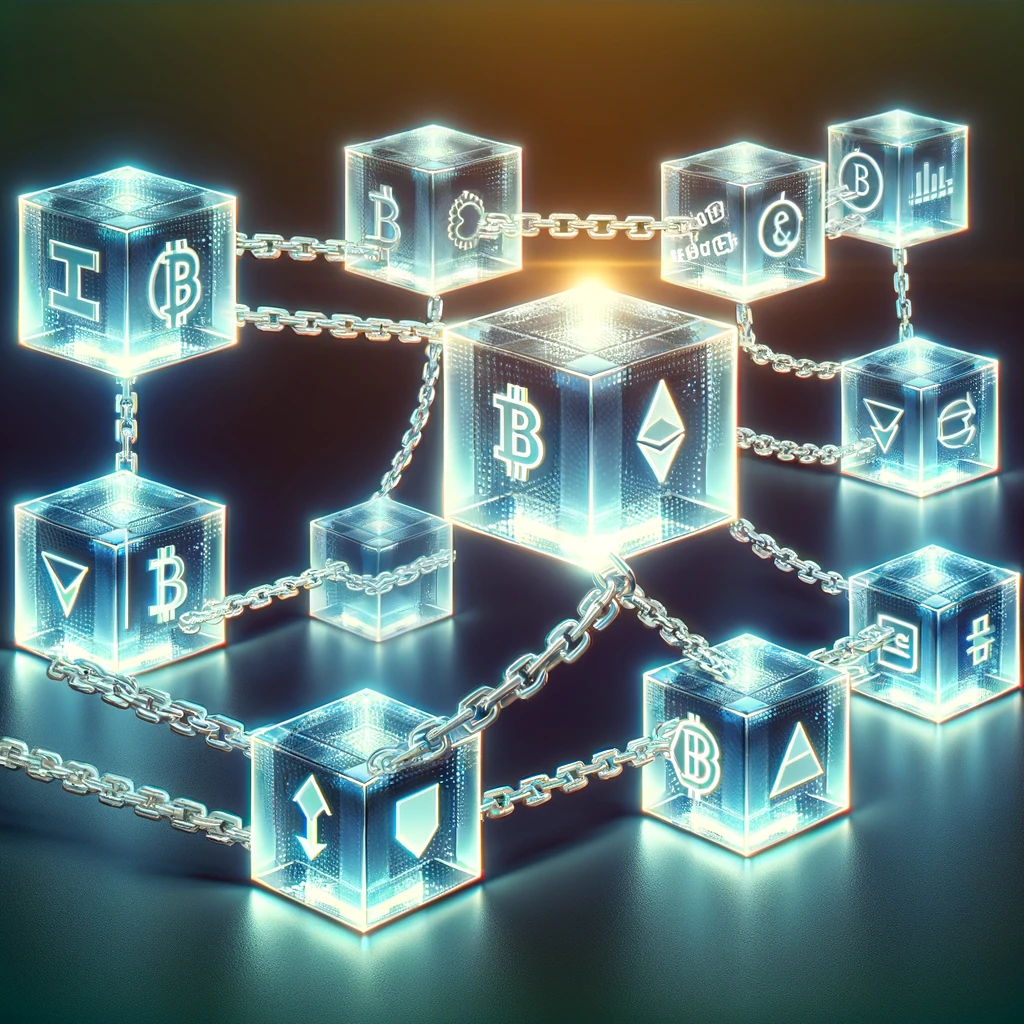 4. **Como funciona o processo de Blockchain?**: Uma ilustração de blocos encadeados com símbolos de transações, destacando a ideia de uma cadeia de blocos.