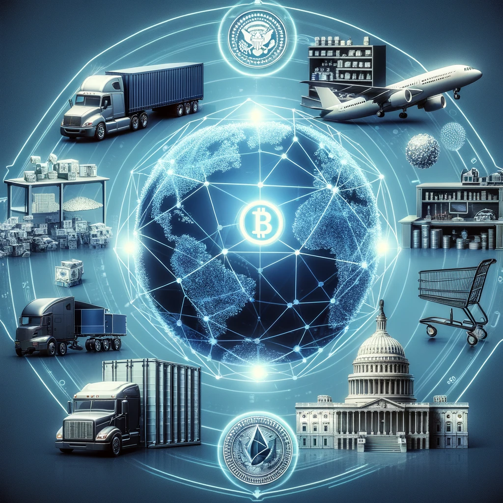 6. **Aplicações do Blockchain no Mundo Real**: Uma imagem de diferentes setores (como logística, varejo, e governos) com um símbolo de Blockchain sobreposto, mostrando sua aplicabilidade.