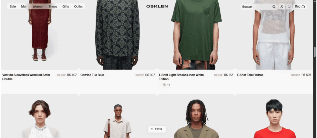 Funcionalidade Shop The Look com grade de looks masculinos e femininos e precos dos produtos