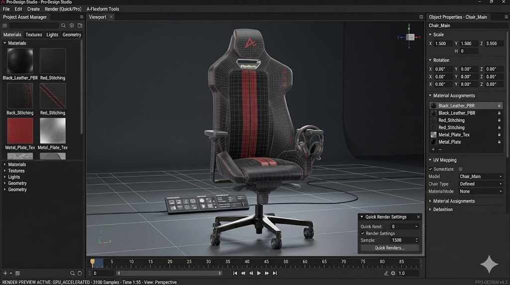Render 3D de uma cadeira em alta fidelidade para visualização de produto no e-commerce